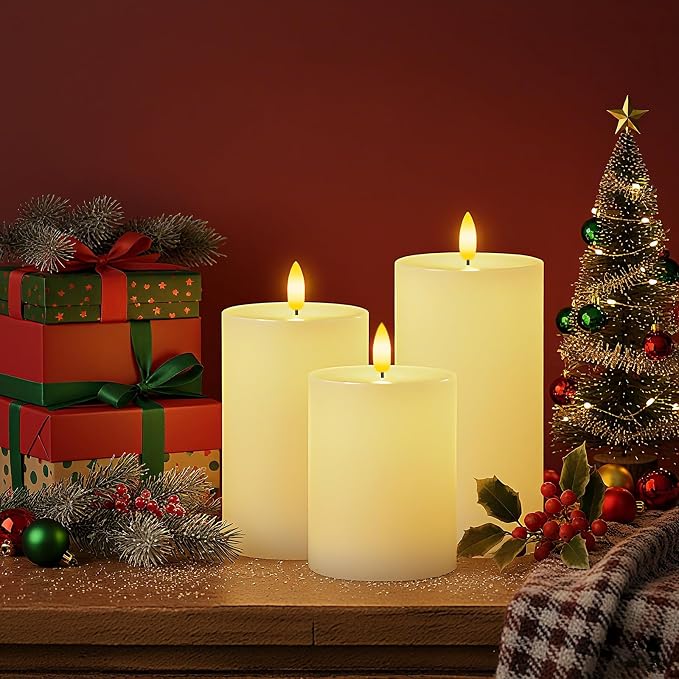 Homemory White Flameless Candles Φ 3" H456 Battery Operated with Remote Timer, Real Wax LED Pillar Candle for Home Fireplace Bedroom Living Room, Set of 3