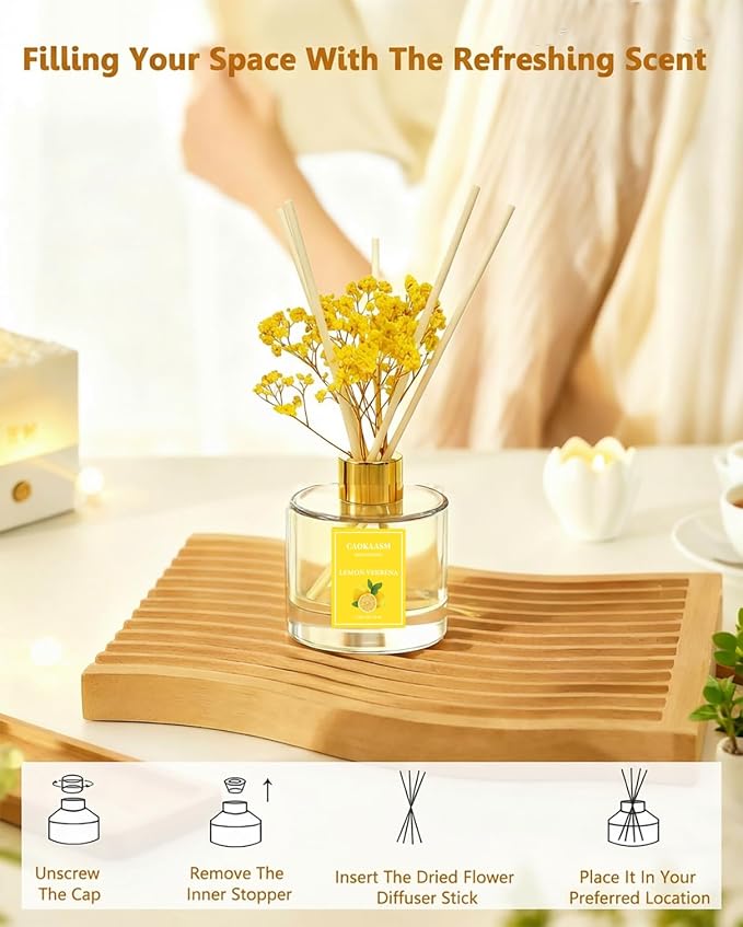 Reed Diffuser Set-Lemon Verbena Scent Fragrance Oil Diffuser with 6 Reed Sticks | Home & Bedroom Bathroom Decor,3.38 fl oz (100ml)