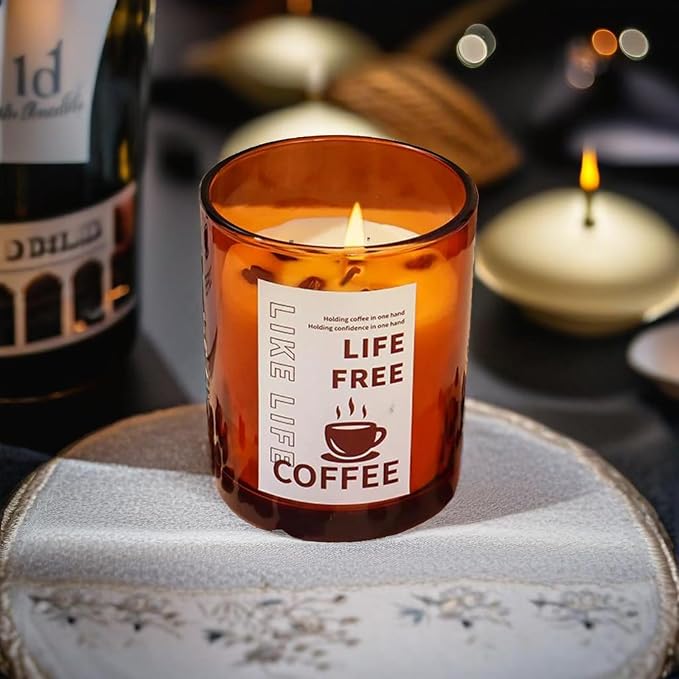 Natural Coffee Scented Candle in Orange Glass,Real Beans Inside! Smokeless Soy Wax Aroma Candle Gift for Coffee Lovers,Home Bedroom Decor,Wedding Props,Aromatherapy Must-Have