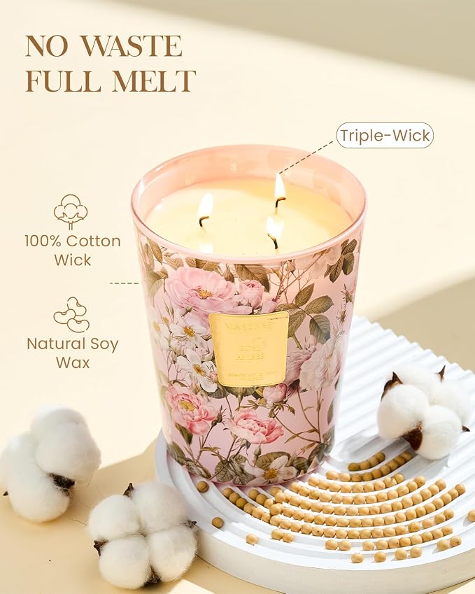 M&SENSE Extra Large Rose Amber Scented Candle, 3-Wick 35oz 150H Natural Soy Wax Aromatherapy Candle, Home Fragrance Housewarming Gifts