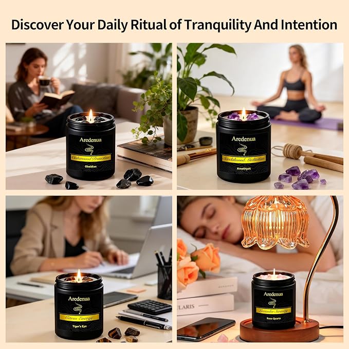 Scented Candles Set, 4 Pack Crystal Healing Candles with Rose Quartz Amethyst Tiger Eye Obsidian, 7oz Natural Soy Wax Candles, Lavender Citrus Sandalwood Cedar, Meditation Gifts for Women Men