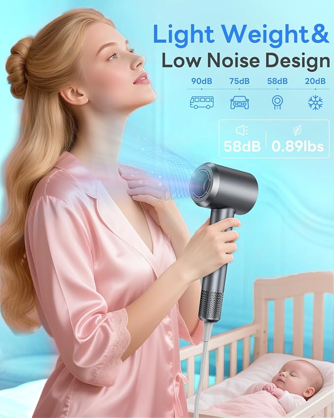 Hair Dryer, 110,000RPM Professional High-Speed Blow Dryer with Plasma Ion, Thermo-Control, 4 Heat & 2 Speed, Lightweight & Low Noise, Magnetic Nozzle for Fast Drying at Home, Travel & Salon