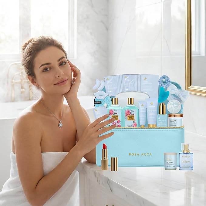 25 Pcs Mother's Day Gift, Bath & Body Gift Basket Set for Women, Skin Care Set, Self Care Spa Gift Basket, Cosmetic Bag, Necklace, Bath Bomb, Christmas, Valentine's, Birthday, Wife, Mom