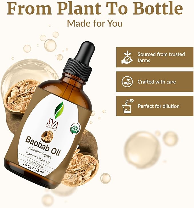 SVA Baobab Seed Oil Organic - 4 Fl Oz – 100% Natural Cold Pressed Organic Baobab Oil - for Face, Skin Care, Hair Care, Scalp Massage & Body Massage – Carrier Oil with Dropper