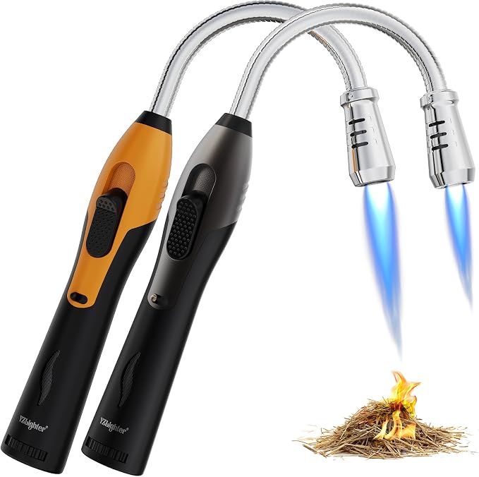 Butane Lighter Torch Long Lighter Refillable Lighter Windproof with Visual Fuel Window Flexible Extra Long Torch Lighter for Fireplace Candles (No Butane Included) (Black + Orange, 2 Pack)