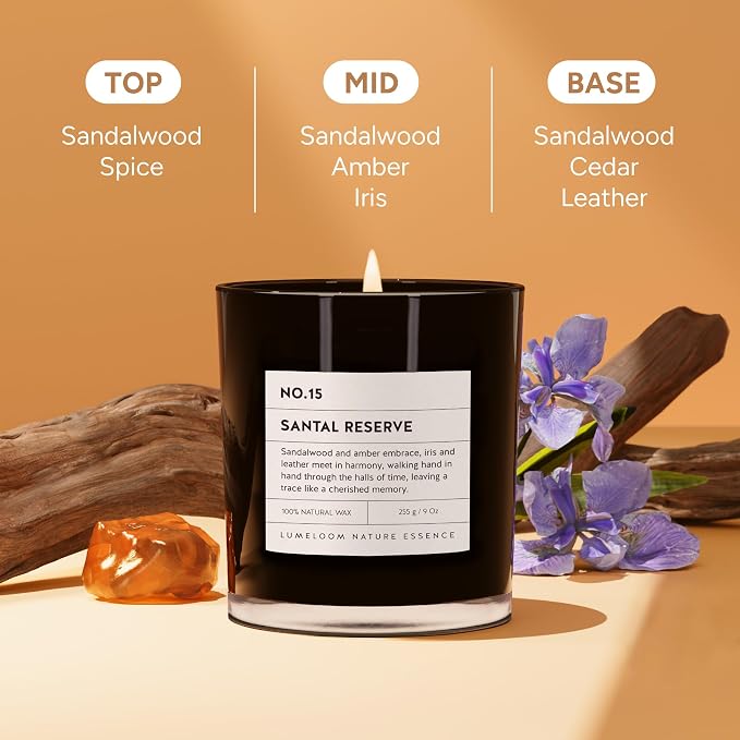 LUMELOOM Santal Reserve Luxury Scented Candles, 9oz Soy Wax Candles for Home Scented, Sandalwood, Amber, Iris & Leather Scent, Long Burning Time, Gifts for Women, Men, Sister, Teacher, Christmas