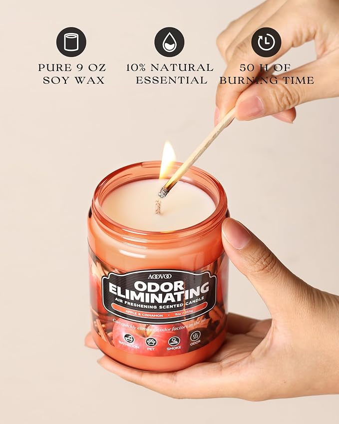 AOOVOO Apple Cinnamon Odor Eliminating Highly Fragranced Candle - Eliminates 95% of Pet, Smoke, Food, and Other Smells Quickly, Non Toxic Air Freshing Soy Candle, 9 oz Up to 50 Hours Burn time