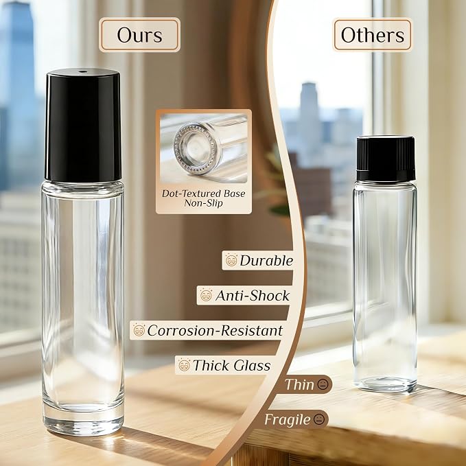 PrettyCare 4 Pack, 10 ml Essential Oil Roller Bottles with Stainless Steel Roller Ball - Refillable Leak-proof Empty Thick Clear Glass Roll on Bottles with Black Caps for Travel, Perfume