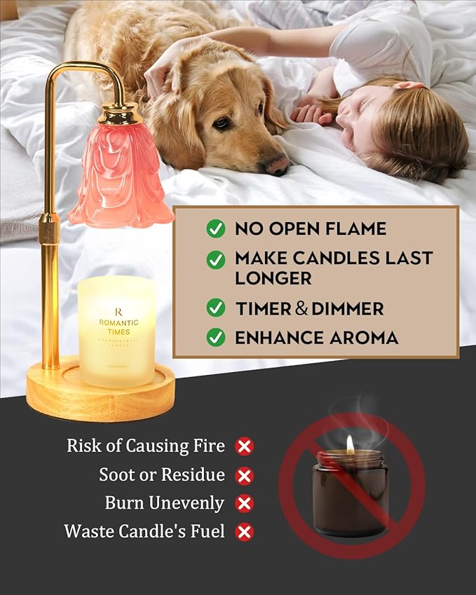 Small Candle Warmer Lamp with Timer, Adjustable Pink Flower Candle Heat Lamp, Unique Women's Gifts for Birthday, Dimmable Candles Heater, Fashion Wax Warming Light with Wood Base