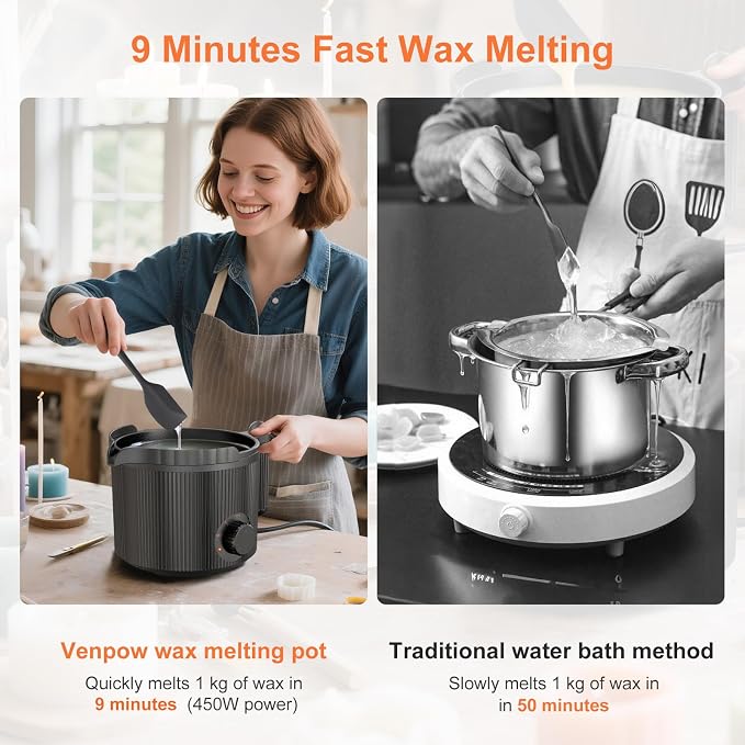 venpow Candle Wax Melter with Pour Spout, Candle Making Kit for Adult Beginners, 1.5L Large Capacity, for Making Candles and Soaps, Kit Includes Wax Melting Pot and Stirring Spoon - Black