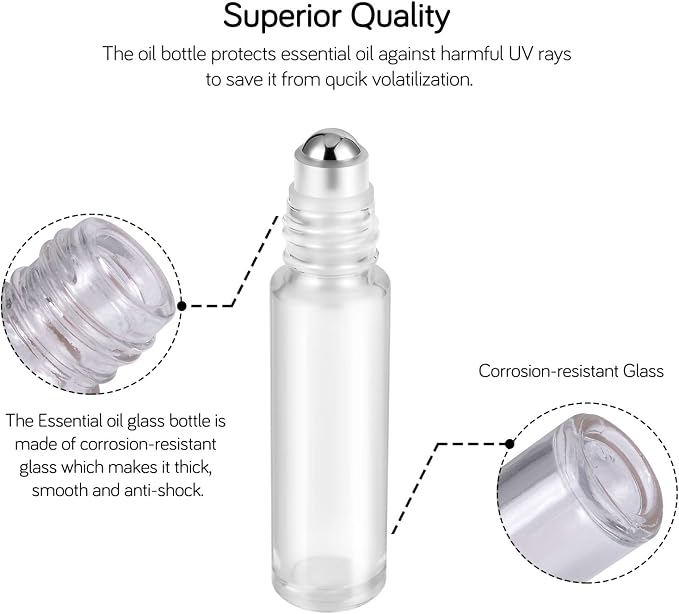 PrettyCare Set of 12, 10 ml Essential Oil Roller Bottles with Stainless Steel Roller Ball - Refillable Leak-proof Empty Thick Clear Glass Roll on Bottles with Silver Metal Caps for Travel, Perfume