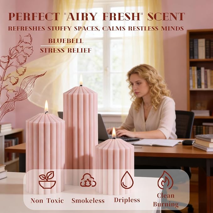 Pink Ribbed Pillar Candle Set of 3 - Wild Bluebell Scented Soy Wax Candle,Aesthetic Decorative Textured Pillar for Home Decor-2.8x4,6,8in Long Lasting Fragrance for Mother’s Day Gifts,Spa,Wedding