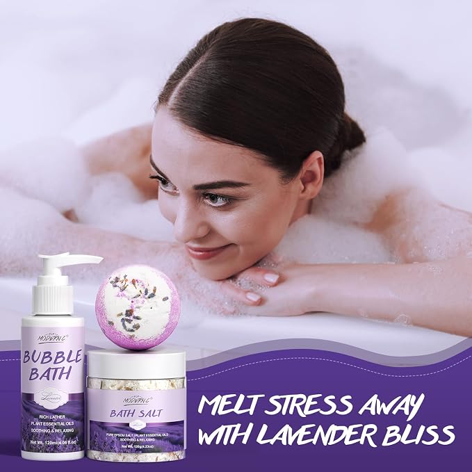 Relaxing Bath Gift Set for Women 8pcs Lavender Spa Gift Set Gift Baskets for women Mom Wife Sister Teen Best Friend Christmas Birthday Valentine's Mother's Day with Lavender Essential Oil Shea Butter