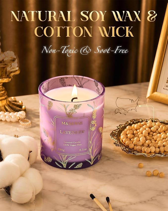 M&SENSE Lavender Candles Vegan Soy, 8.1oz Lavender Scented Candles for Summer Relaxing Bathtub Aromatherapy Calming Sleep, 42-Hour Long Lasting Candle Non Toxic for Home, Fancy Gifts for Women & Men