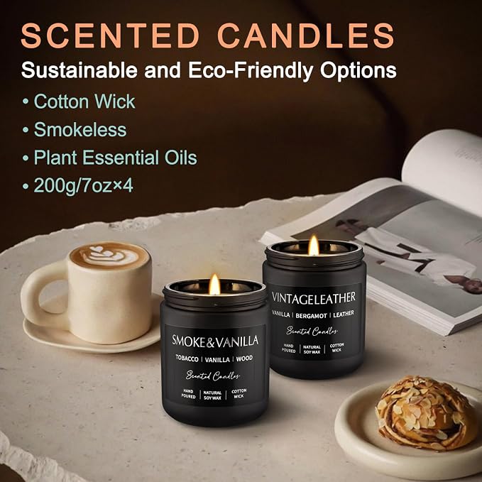 WPONSZU 4Psc Scented Candles Set,7oz Gifts for Men Aromatherapy,Soy Candle of Smokeless - Leather & Smoke, Vanilla Oakmoss, Lavender - Relaxing Fragrance for Home, Office, Yoga(Black)