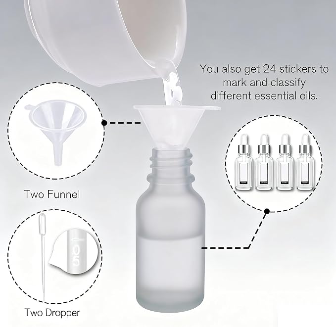 PrettyCare 24 pcs，Eye Dropper Bottle 0.5 oz（ 15 ml Frosted Glass Bottles with Silver Caps, 2 Extra Measured Pipettes, 48 Labels, 2 Funnels Empty Tincture Bottles for Essential Oils