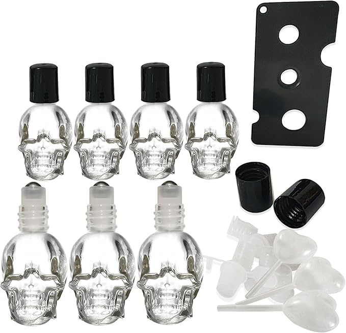 7 pcs Set 10ml Mini Skull Glass Oil Roller Bottles Leakproof Essential Oils Bottle for Storage and Travel (transparent)