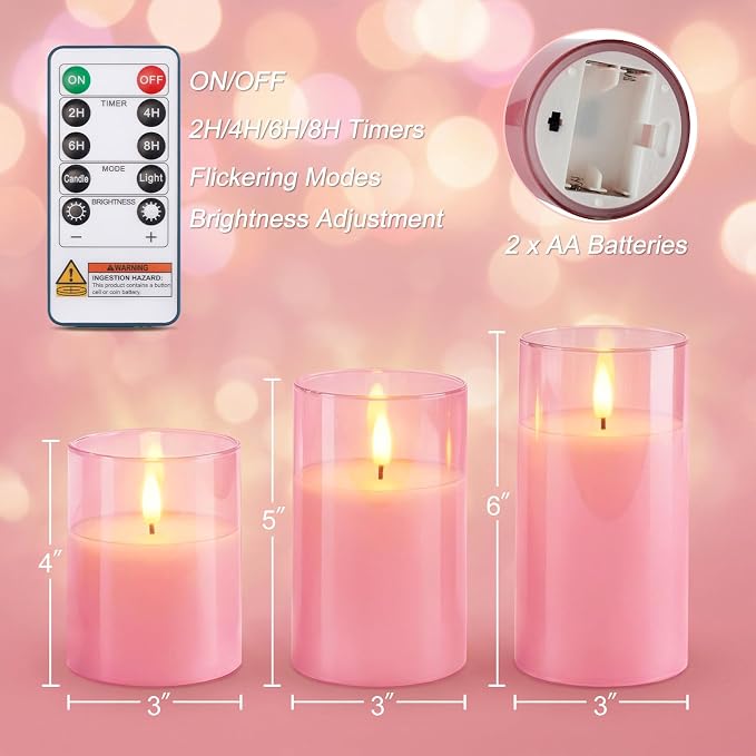 Homemory Pink Glass Flameless Candles, Battery Operated LED Pillar Candles with Remote & Timer, Real Wax Flickering Candles, Romantic Decorative Lights for Home Wedding Party, Set of 3
