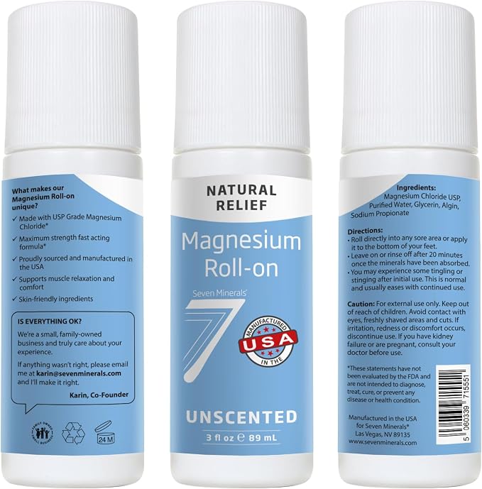 Seven Minerals Pure USP Grade Magnesium Roll On Stick - Unscented Topical Magnesium Oil for Sore Muscles, Leg Cramps, Stress & Sleep - No Unnecessary Fillers, Just Pure Magnesium - USA Made, 3 Fl Oz