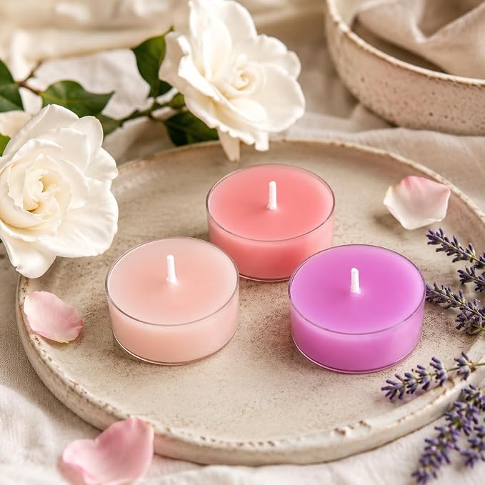 Floral Scented Tealight Candles, Lavender Rose Gardenia Scent Tea Lights Candles Clear Cup, 24 Pack Colored Tealights Candle, 6 Hour Burn Time Tea Candles for Party, Decor, Spa, Shabbat