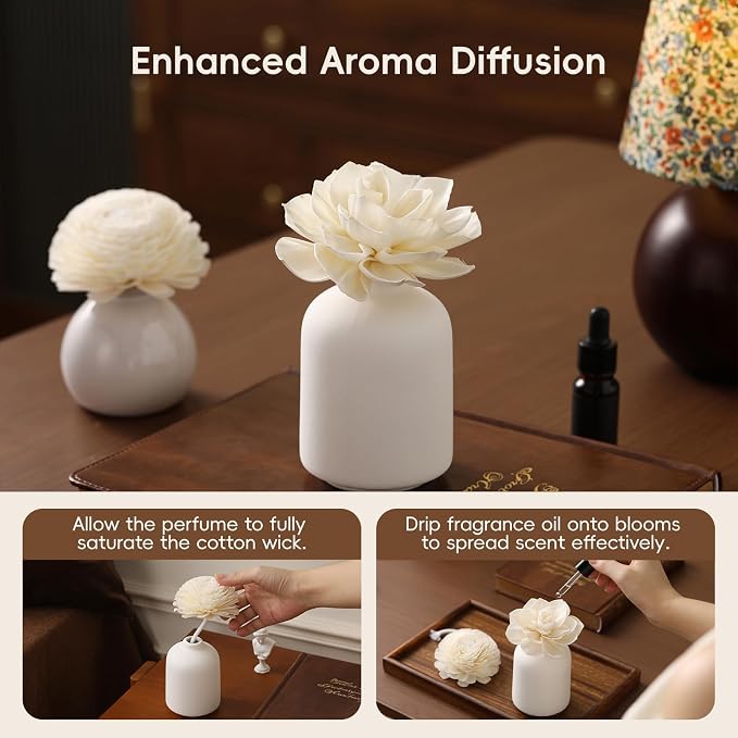 Flower Reed Diffuser Sola Wood Flowers Natural Material Aromatherapy Reed Decorative Aromatherapy Flower Refill Diffuser Reeds, 7Pcs Flower, 7Pcs Rope, 8 Pcs Diffuser Rattan (2-3.5 Inches, White)