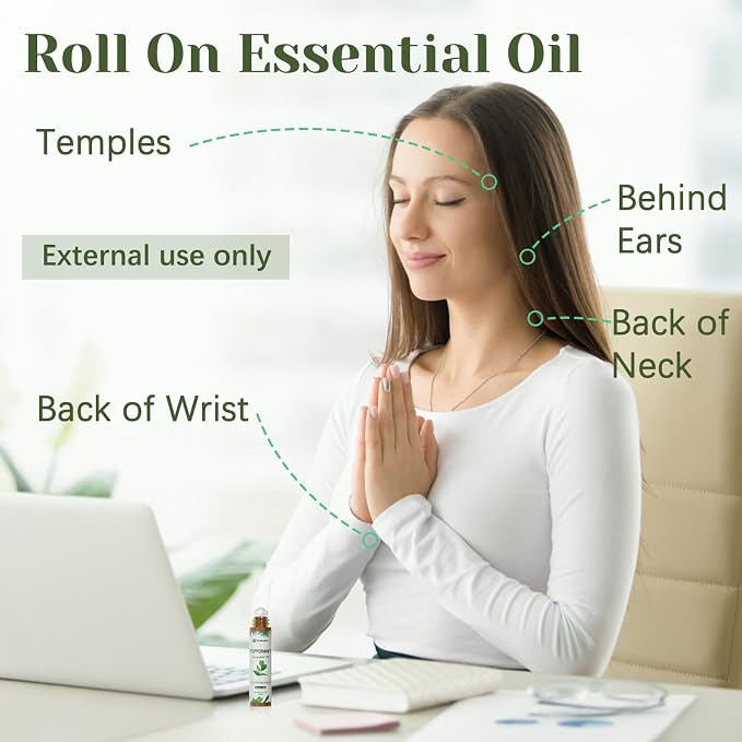 Peppermint Essential Oil Roll On, Natural Aromatherapy Oil Blend Roller with Fresh Minty Aroma - Headache, Stress Relief, Self Care Gifts for Women