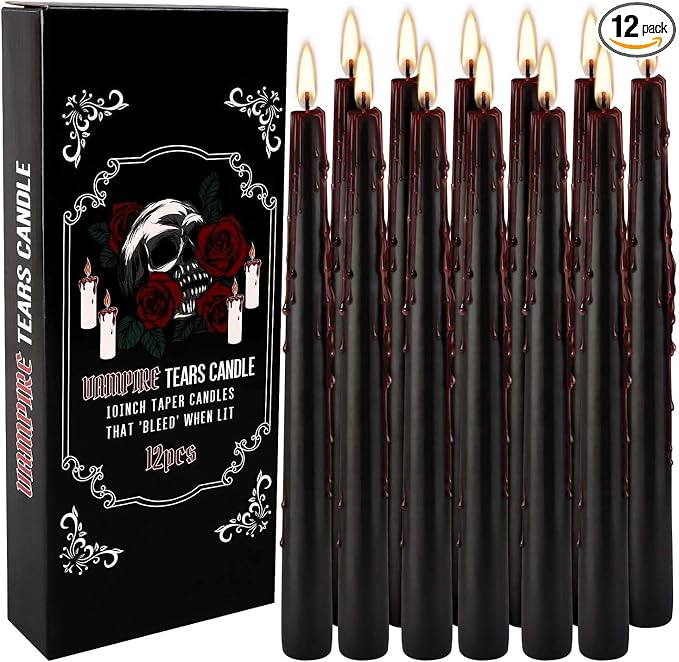 YOROXRG 12PCS 10-Inch Black Bleeding Taper Candles,Vampire Tears Taper Candles- Unscented Ideal for Halloween, Christmas, Rituals, and Themed Party Decor