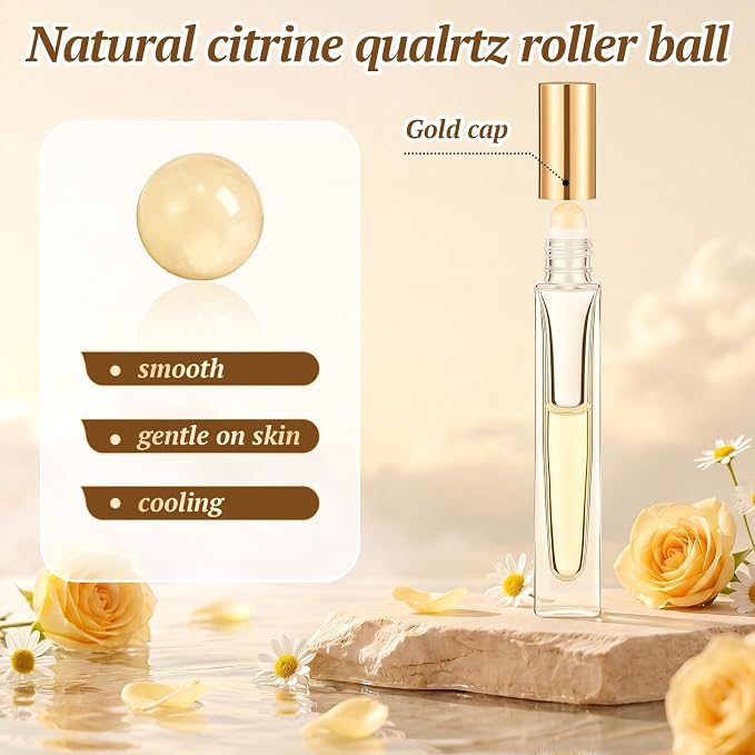 Domensi 30 Pack 10ml/0.34oz Citrine Crystal Roller Bottles for Essential Oils, Refillable Leak-proof Travel Perfume Roll on Bottles for DIY Aromatherapy, Skincare & Samples