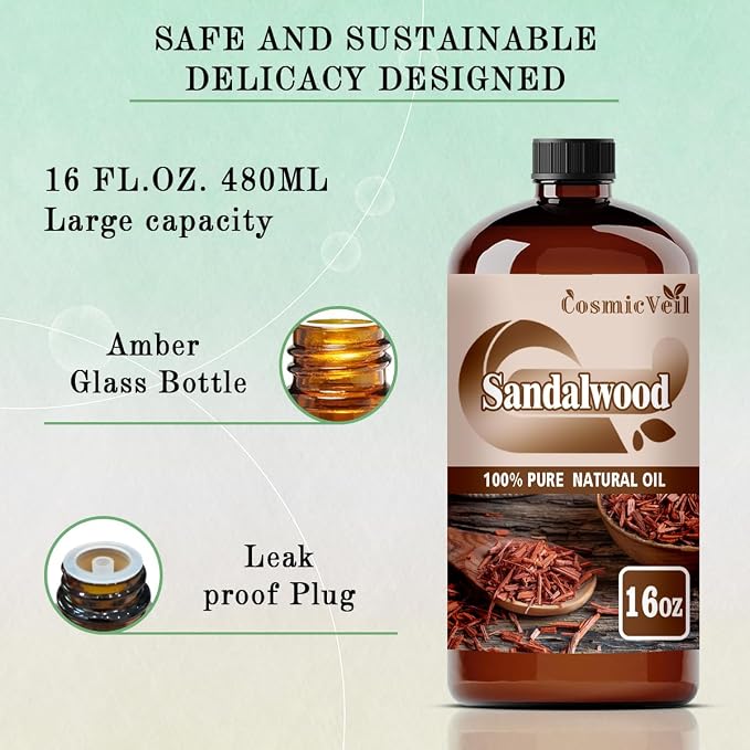 Sandalwood Essential Oil Sandalwood Oil for Aroma Diffuser,Humidifier,Home Fragrance,Cleaning,Body Care,Massage,Yoga,DIY Candle,DIY Soap CosmicVeil（Sandalwood，16 Fl Oz (Pack of 1)）