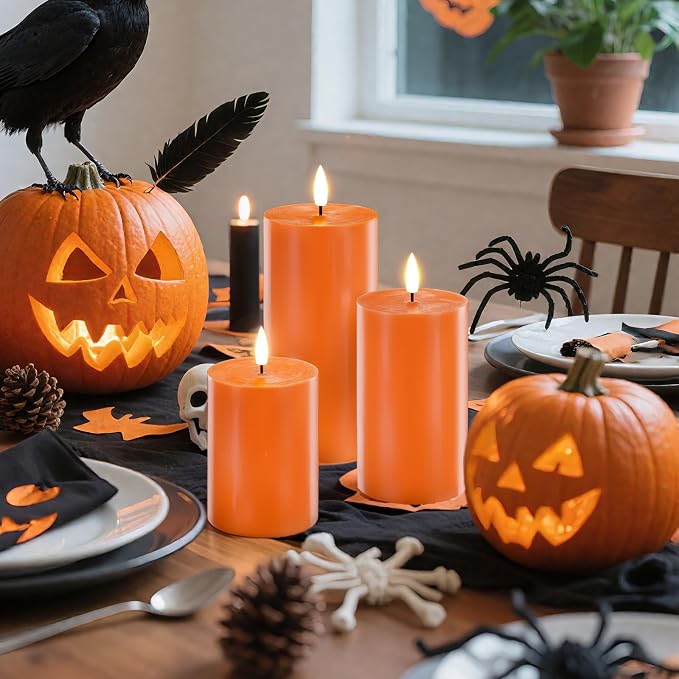 Homemory Halloween Orange Flameless Candles Battery Operated with Remote Timer, Real Wax LED Pillar Candle for Halloween Decoration, Fall Decor, Harvest Festival Gifts, H456, Set of 3
