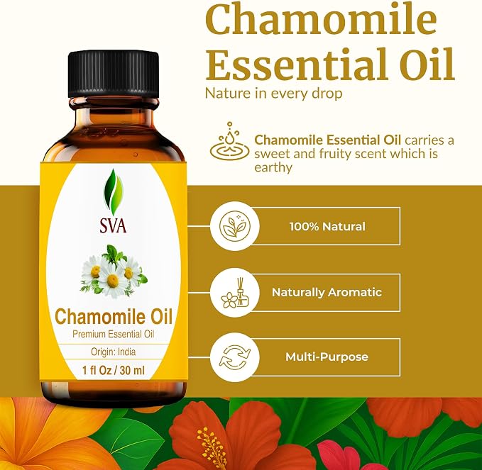 SVA Chamomile Essential Oil – 1 Fl Oz – 100% Natural Chamomile Oil - for Diffuser, Hair Care, Face, Skin Care, Aromatherapy, Scalp and Body Massage, Soap and Candle Making – with Dropper