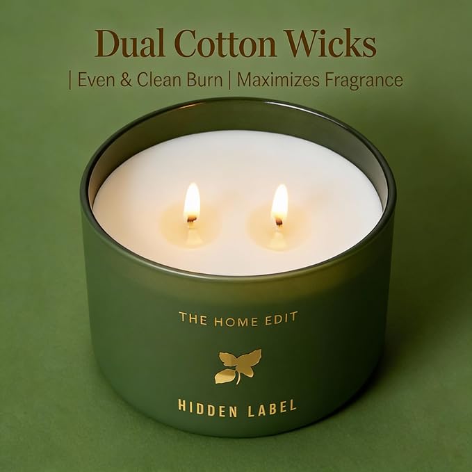Hidden Label Basil Lime Mandarin Soy Candle, 10oz 2-Wick, 45H Kitchen Fresh | Herbal Citrus Aromatherapy | Non-Toxic Vegan Phthalate-Free | Even Melt No Tunneling | Sage Frosted Reusable Gift Jar