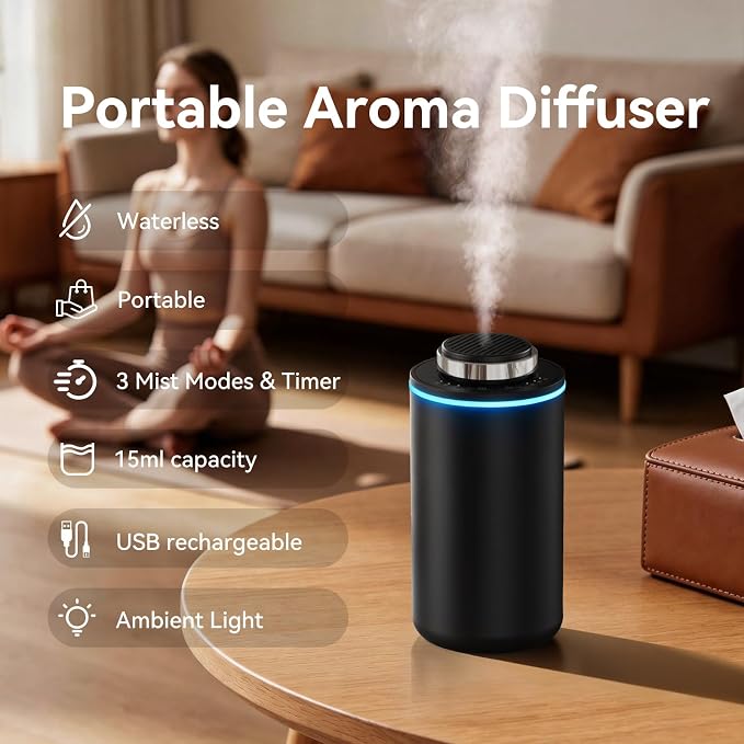 Essential Oil Diffuser,15ml Waterless Scent Diffuser,Rechargeable Portable Travel Diffuser with 3 Mist Mode & Timers,Dual Color LED Light,Small Car Air Freshener for Home,Office,Car, Black