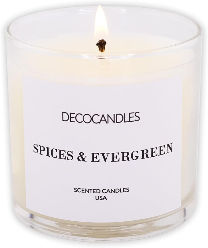 DECOCANDLES Spices & Evergreen Home Fragrance Candle, 6 Oz Soy Wax Blend Scented Candle, Long Burn Time