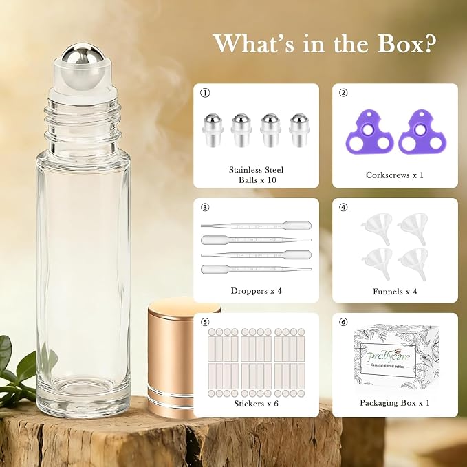 PrettyCare 24 Pack, 10 ml Essential Oil Roller Bottles with Stainless Steel Roller Ball - Refillable Leak-proof Empty Thick Clear Glass Roll on Bottles with Metal Caps for Travel, Perfume