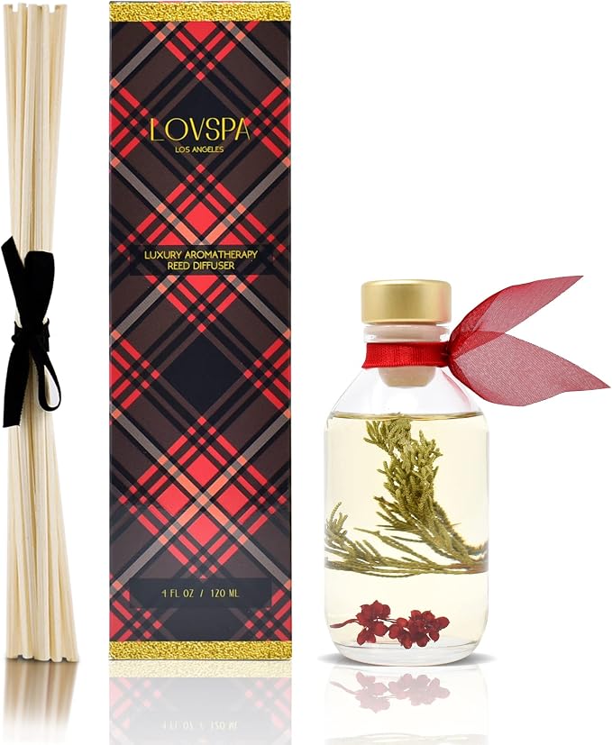 Joy Winterberry Spruce Reed Diffuser Set, Room Fragrance, Spa Scent | Evergreen, crisp berries, and subtle spices profile, bathroom decor, decorative glass bottle, home aroma, entryway