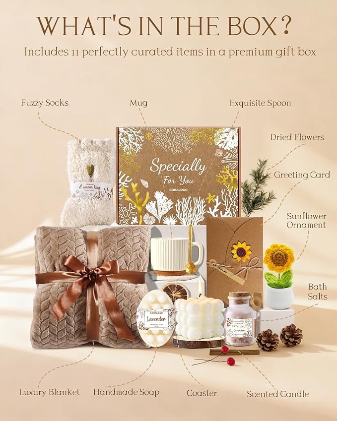 Spa Gift Baskets for Women - Birthday Gift Basket, Get Well Soon, Self Care, Relaxing Sunflower Package, 11pcs Spa Sets with Blanket, Luxury Gifts for Her Birthday Anniversary Mothers Day