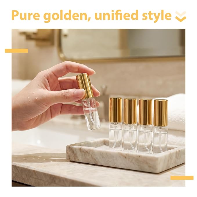 Yinder 25 Pcs 5ml Travel Spray Bottle Refillable Perfume Atomizer Bulk Glass Mini Cologne Perfume Bottles Empty Fine Mist Portable Small Sample Containers(Gold)
