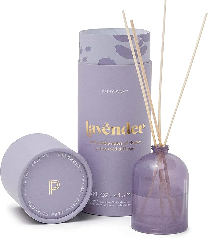 Paddywax Petite Reed Diffuser Set with Wooden Reeds, 720 Hour Long Lasting Home Fragrance Oil Diffuser, Decorative Milky Glass Bottle, Lavender Scent, Lilac, 1.5 oz