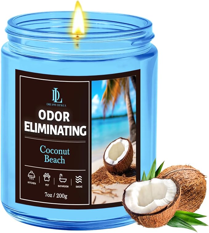 Coconut Beach Odor Eliminating Highly Fragranced Candle, Eliminates 95% of Living Room, Bedroom, Bathroom and Other Smells Quickly, Air Freshing Scented Candles, Soy Candle Gifts for Women Men, 7oz