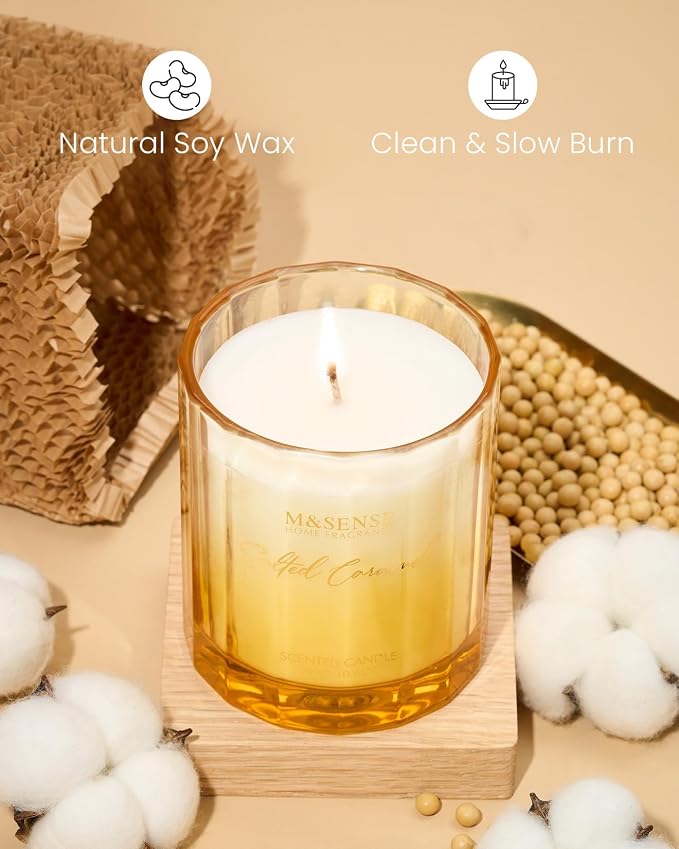 M&SENSE Salted Caramel Scented Candles for Home, 10.6oz Organic Soy Wax | Clean Non-Toxic, 60 Hours Long Lasting Slow Burn, Sweet Cozy Scent for Holiday Thanksgiving & Mom Teachers Friends