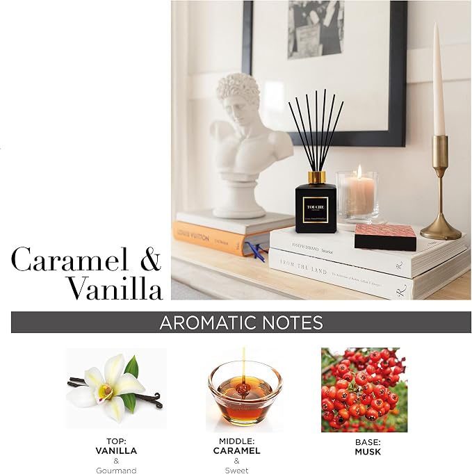 Touche Luxury Natural Reed Diffuser. Long Lasting Scented Home Fragrance. Natural Essential Oil Alcohol-Free. 4.75 OZ. Glass Bottle (Vanilla & Caramel - Black Bottle)