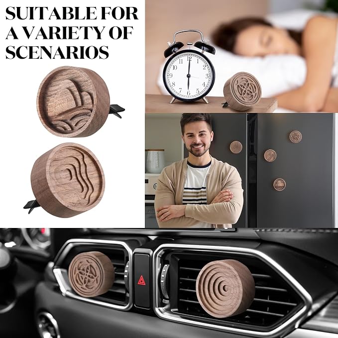 Teenyyou 4 Pcs Wooden Essential Oil Diffuser Car Aromatherapy Passive Diffuser with Vent Clip Walnut Wood Round Air Freshener Winter Gifts for Home Offices Yoga Rooms Sauna Rooms
