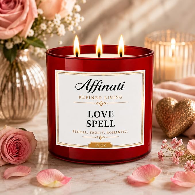 Affinati Love Spell 3-Wick Scented Candle – Large Soy Blend Candle, Strong Scent Throw Sweet Vibrant Fruit Floral Aromatherapy Candle, Premium Clean Burning Gift for Women