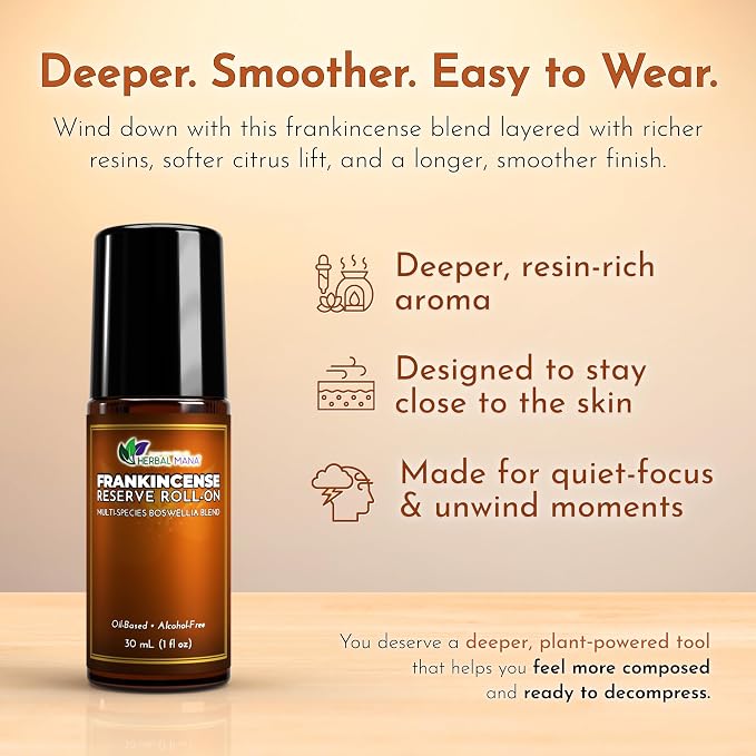 Frankincense Reserve Essential Oil Roll-On, 30mL (1 fl oz) – Deep Resin Blend with CO2 Extracts – Pre-Diluted in Fractionated Coconut Oil (FCO) – Oil-Based, Alcohol-Free Aromatherapy Roller