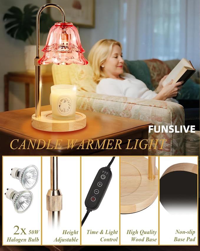 Funslive Pink Candle Warmer Lamp with Timer Dimmable, Mothers Day Birthday Gifts for Women Mom, Flower Candle Lamp with 2 Bulbs for Jar Candles, Lamp Candle Warmer, House Warming Gift for Bedroom