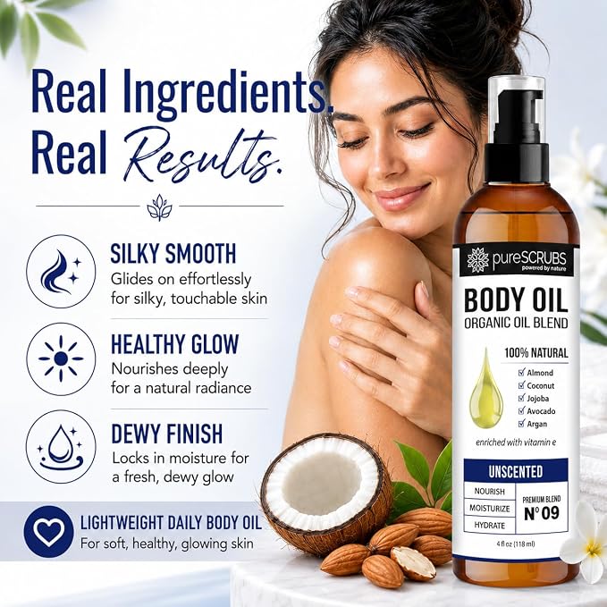 pureSCRUBS Ultra Moisturizing Unscented Body Oil for Dry Skin, Lightweight Full Body Moisturizer for Soft, Silky Skin, Massage & Cuticle Oil, Vitamin E Enriched, 4 oz