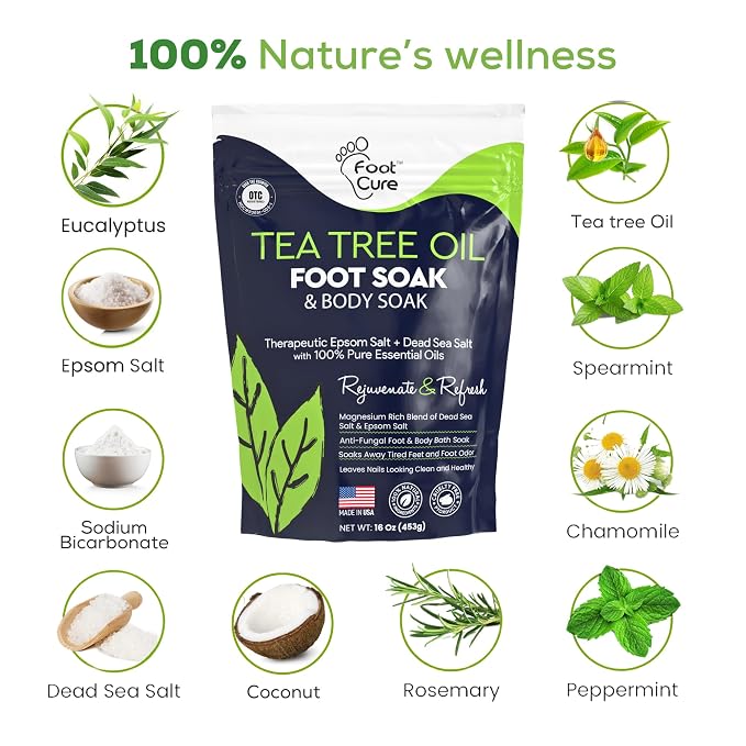 FOOT CURE Tea Tree Oil Foot Soak with Epsom Salts- for Foot Pain, Soreness, Athletes Foot, Odors, Toe Nail Fungus, Fungal, Calluses (Pack of 4)