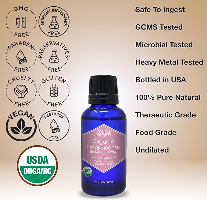 Organic, Frankincense Essential Oil, Food Grade, for Face – 100% Pure, Frankincense, Resin, Oil, Boswellia Serrata, Edible, by Zongle Therapeutics, 1 OZ