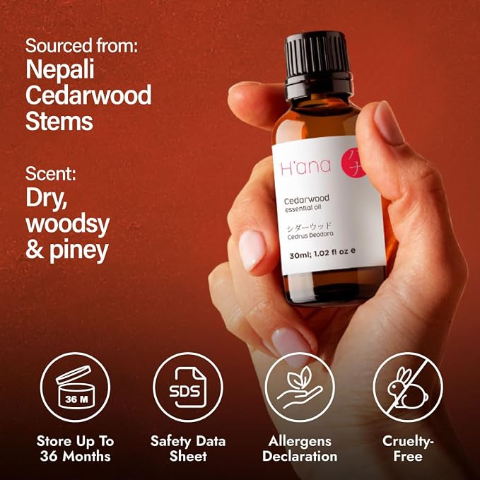 H'ana Cedarwood Oil - 1.02 Fl Oz Cedarwood Essential Oil for Hair, Skin, Diffuser, Aromatherapy & DIY
